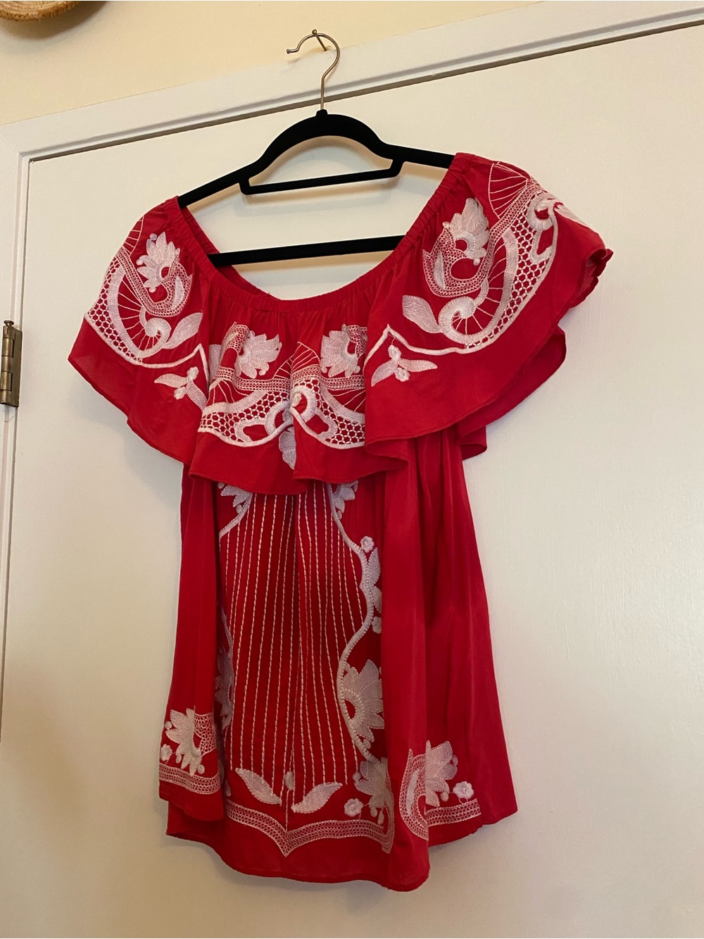 Buddy Love Red Off-Shoulder Embroidered Tunic Top MB